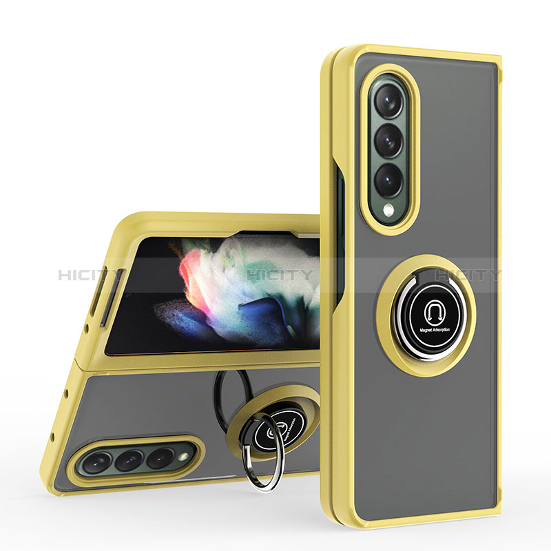 Coque Contour Silicone et Plastique Housse Etui Mat avec Magnetique Support Bague Anneau QW2 pour Samsung Galaxy Z Fold3 5G Jaune Plus