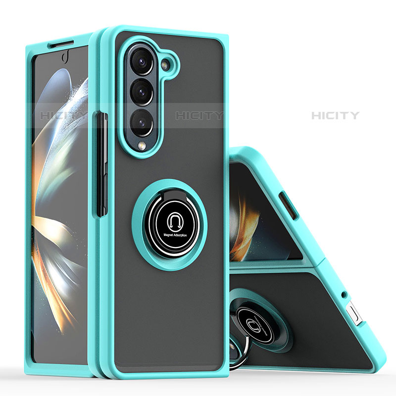 Coque Contour Silicone et Plastique Housse Etui Mat avec Magnetique Support Bague Anneau QW2 pour Samsung Galaxy Z Fold5 5G Cyan Plus