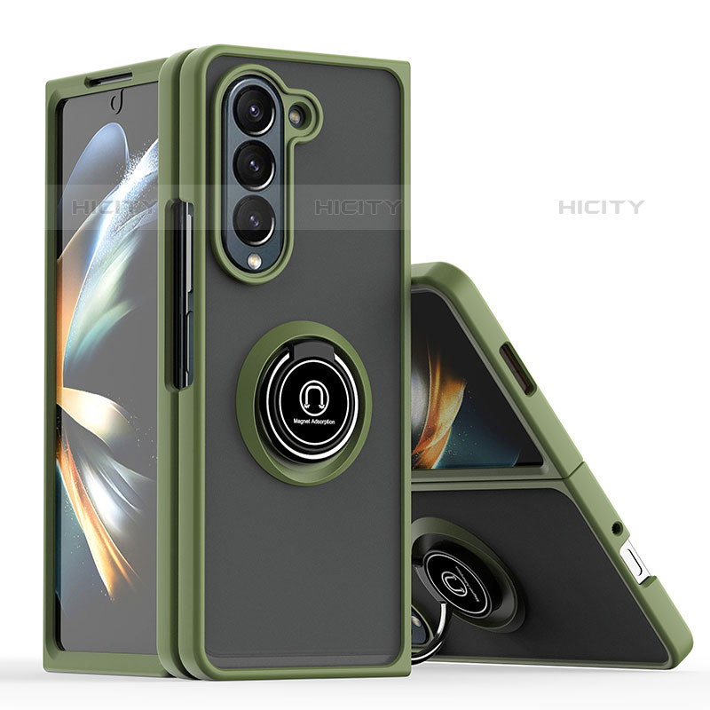 Coque Contour Silicone et Plastique Housse Etui Mat avec Magnetique Support Bague Anneau QW2 pour Samsung Galaxy Z Fold5 5G Vert Armee Plus