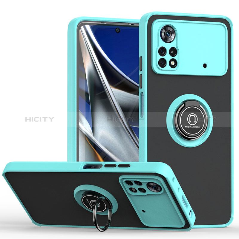 Coque Contour Silicone et Plastique Housse Etui Mat avec Magnetique Support Bague Anneau QW2 pour Xiaomi Poco X4 Pro 5G Cyan Plus