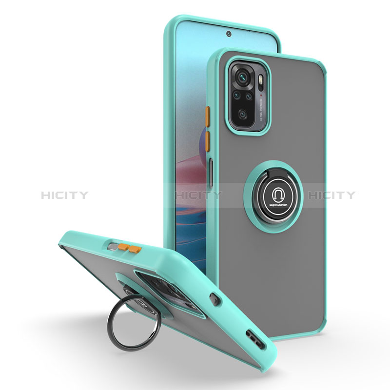 Coque Contour Silicone et Plastique Housse Etui Mat avec Magnetique Support Bague Anneau QW2 pour Xiaomi Redmi Note 10S 4G Cyan Plus