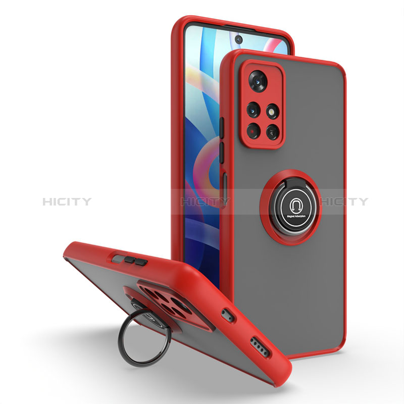 Coque Contour Silicone et Plastique Housse Etui Mat avec Magnetique Support Bague Anneau QW2 pour Xiaomi Redmi Note 11 5G Rouge Plus