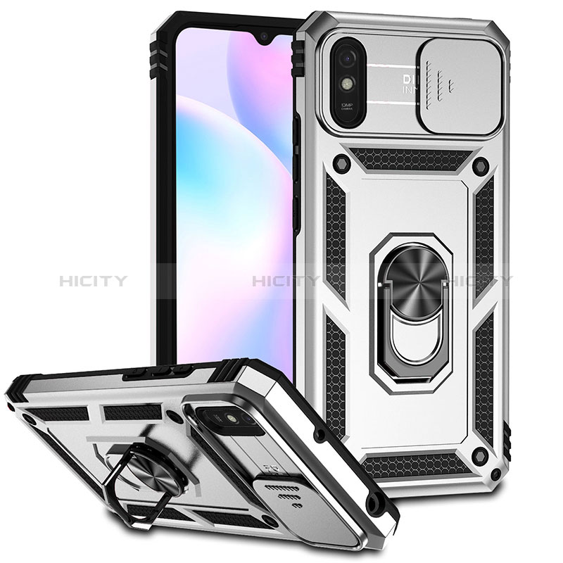 Coque Contour Silicone et Plastique Housse Etui Mat avec Magnetique Support Bague Anneau QW3 pour Xiaomi Redmi 9i Argent Plus