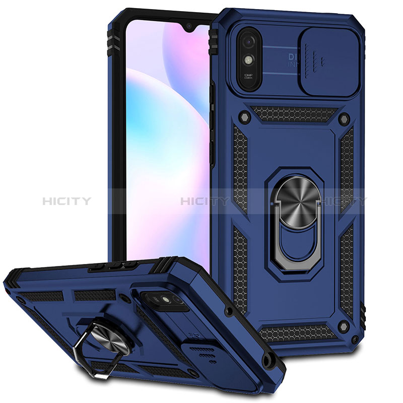 Coque Contour Silicone et Plastique Housse Etui Mat avec Magnetique Support Bague Anneau QW3 pour Xiaomi Redmi 9i Bleu Plus