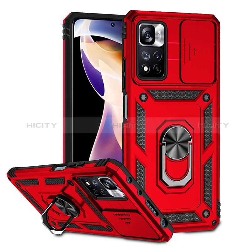 Coque Contour Silicone et Plastique Housse Etui Mat avec Magnetique Support Bague Anneau QW3 pour Xiaomi Redmi Note 11 Pro+ Plus 5G Rouge Plus