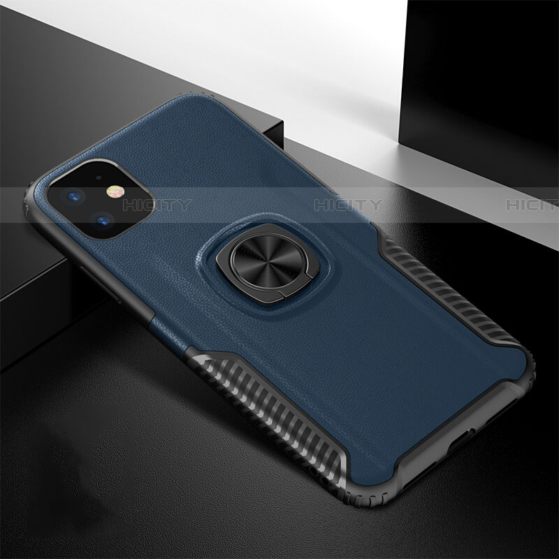 Coque Contour Silicone et Plastique Housse Etui Mat avec Magnetique Support Bague Anneau R01 pour Apple iPhone 11 Bleu Plus