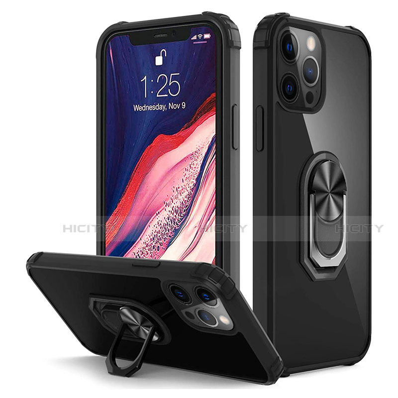 Coque Contour Silicone et Plastique Housse Etui Mat avec Magnetique Support Bague Anneau R01 pour Apple iPhone 12 Pro Max Noir Plus