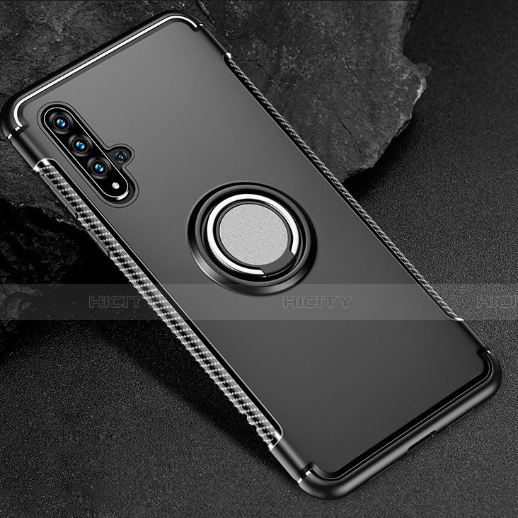 Coque Contour Silicone et Plastique Housse Etui Mat avec Magnetique Support Bague Anneau R01 pour Huawei Honor 20S Noir Plus