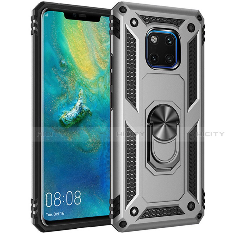 Coque Contour Silicone et Plastique Housse Etui Mat avec Magnetique Support Bague Anneau R01 pour Huawei Mate 20 Pro Argent Plus