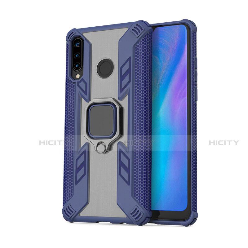 Coque Contour Silicone et Plastique Housse Etui Mat avec Magnetique Support Bague Anneau R01 pour Huawei Nova 4e Bleu Plus