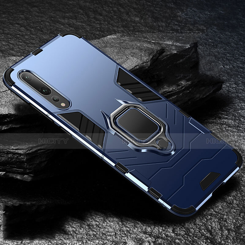 Coque Contour Silicone et Plastique Housse Etui Mat avec Magnetique Support Bague Anneau R01 pour Huawei P20 Pro Bleu Plus