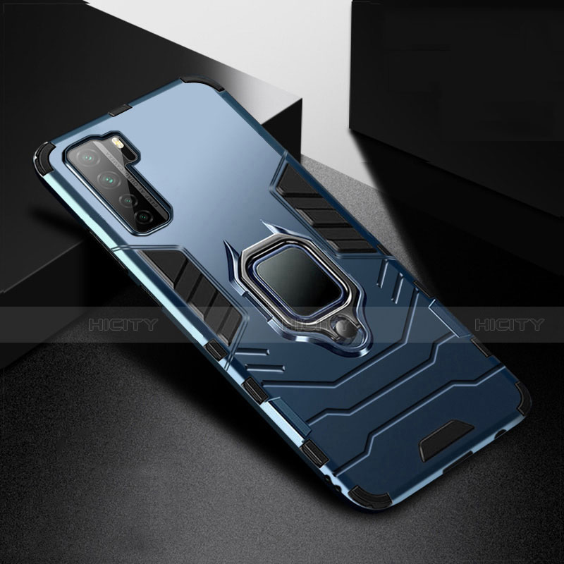 Coque Contour Silicone et Plastique Housse Etui Mat avec Magnetique Support Bague Anneau R01 pour Huawei P40 Lite 5G Bleu Plus