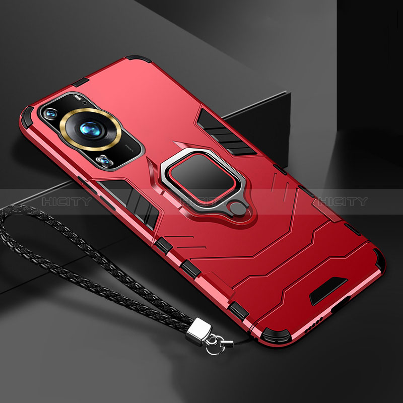 Coque Contour Silicone et Plastique Housse Etui Mat avec Magnetique Support Bague Anneau R01 pour Huawei P60 Pro Rouge Plus