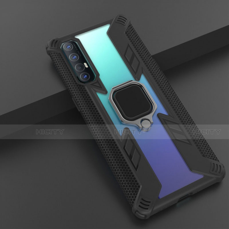 Coque Contour Silicone et Plastique Housse Etui Mat avec Magnetique Support Bague Anneau R01 pour Oppo Reno3 Pro Noir Plus