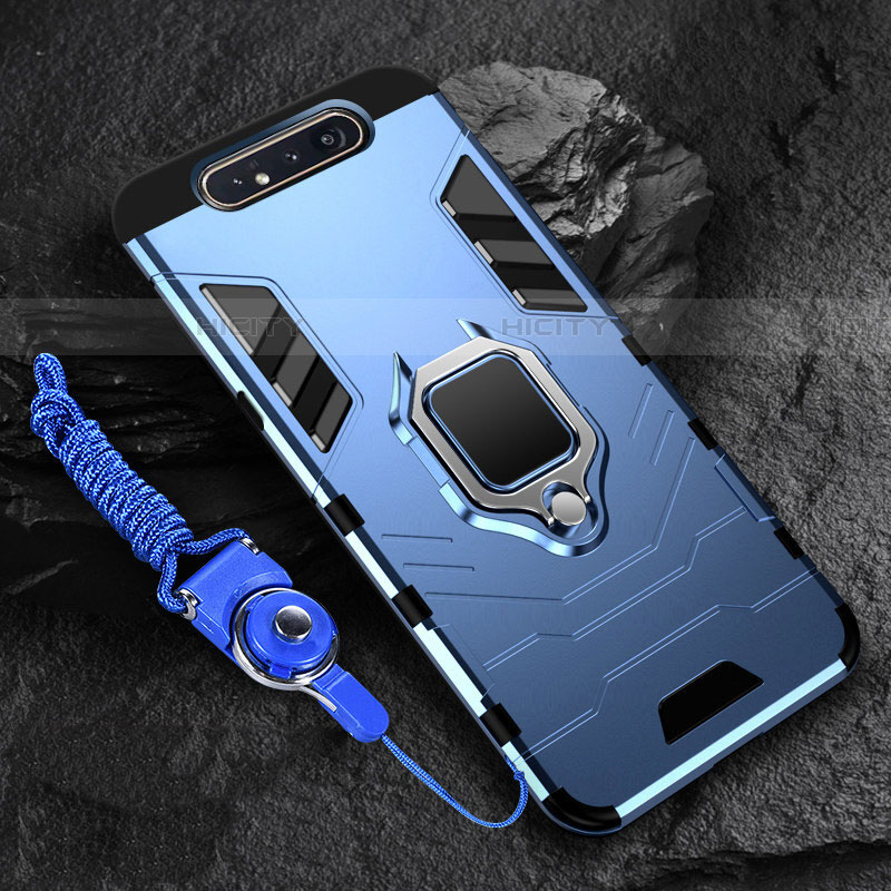 Coque Contour Silicone et Plastique Housse Etui Mat avec Magnetique Support Bague Anneau R01 pour Samsung Galaxy A90 4G Bleu Plus