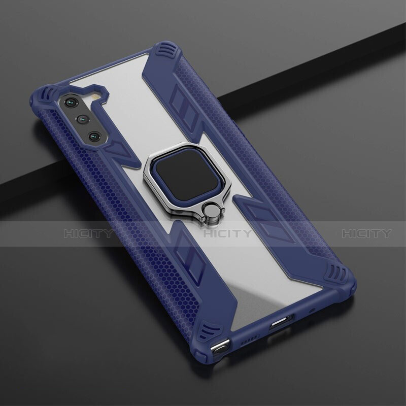 Coque Contour Silicone et Plastique Housse Etui Mat avec Magnetique Support Bague Anneau R01 pour Samsung Galaxy Note 10 Bleu Plus