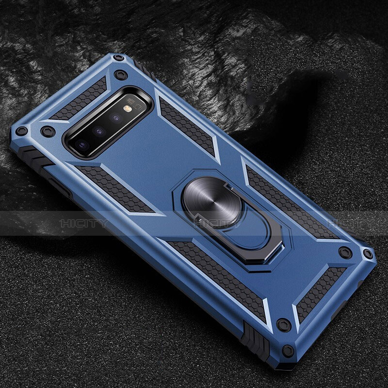 Coque Contour Silicone et Plastique Housse Etui Mat avec Magnetique Support Bague Anneau R01 pour Samsung Galaxy S10 5G Bleu Plus