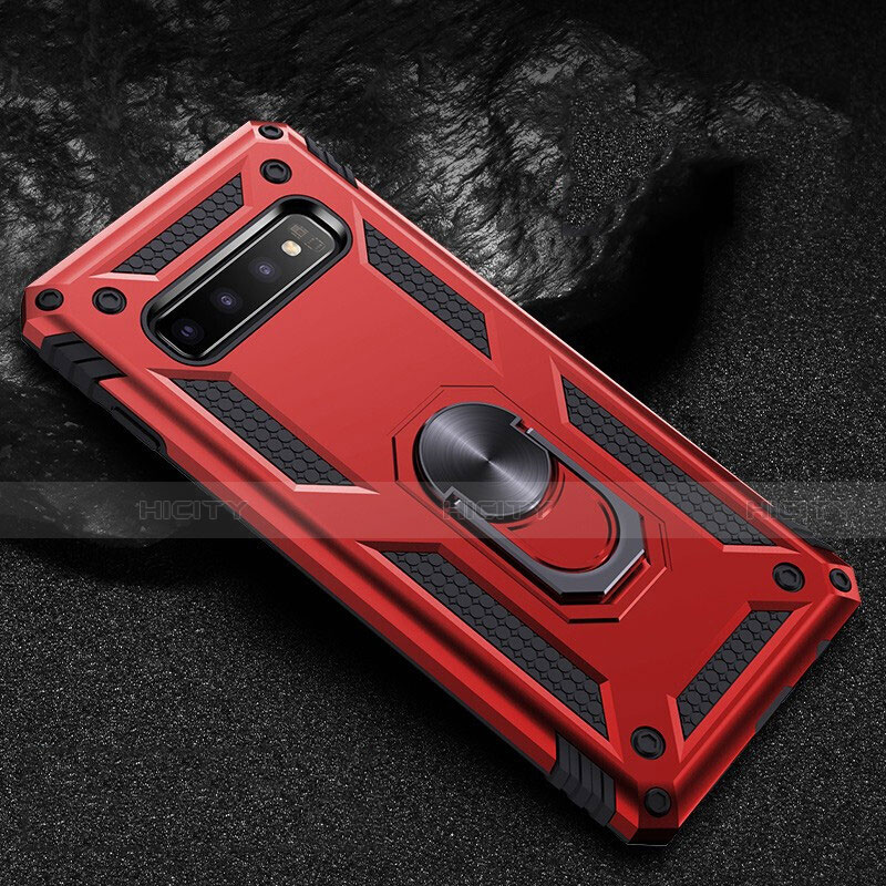 Coque Contour Silicone et Plastique Housse Etui Mat avec Magnetique Support Bague Anneau R01 pour Samsung Galaxy S10 Rouge Plus