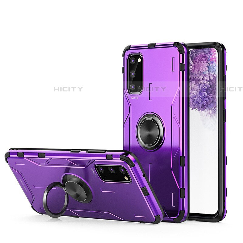 Coque Contour Silicone et Plastique Housse Etui Mat avec Magnetique Support Bague Anneau R01 pour Samsung Galaxy S20 5G Violet Plus