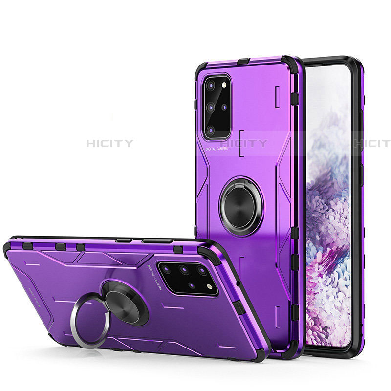 Coque Contour Silicone et Plastique Housse Etui Mat avec Magnetique Support Bague Anneau R01 pour Samsung Galaxy S20 Plus 5G Violet Plus