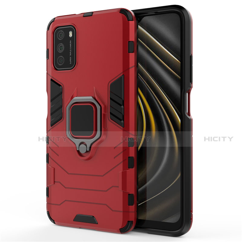 Coque Contour Silicone et Plastique Housse Etui Mat avec Magnetique Support Bague Anneau R01 pour Xiaomi Poco M3 Rouge Plus