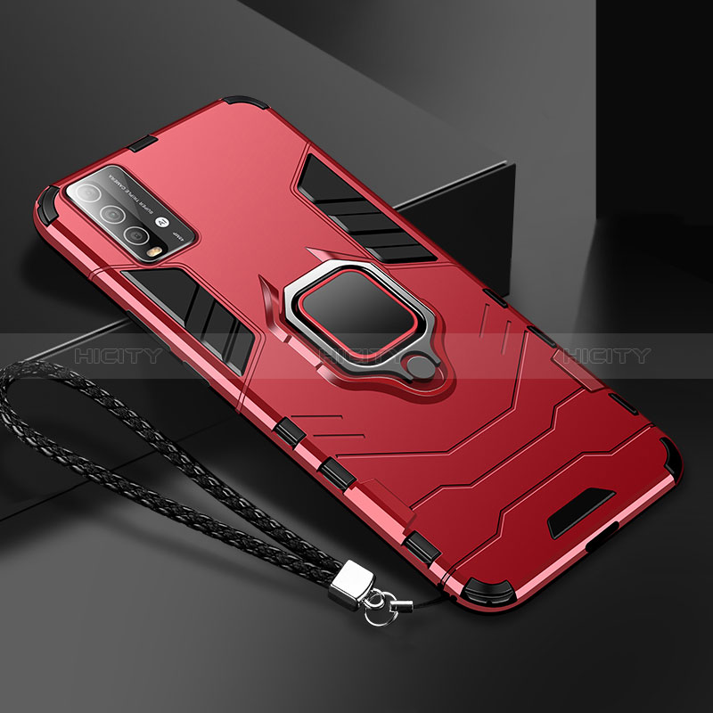 Coque Contour Silicone et Plastique Housse Etui Mat avec Magnetique Support Bague Anneau R01 pour Xiaomi Redmi 9 Power Rouge Plus