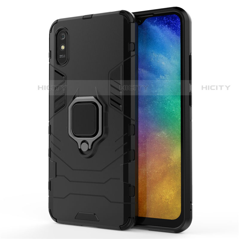 Coque Contour Silicone et Plastique Housse Etui Mat avec Magnetique Support Bague Anneau R01 pour Xiaomi Redmi 9A Noir Plus