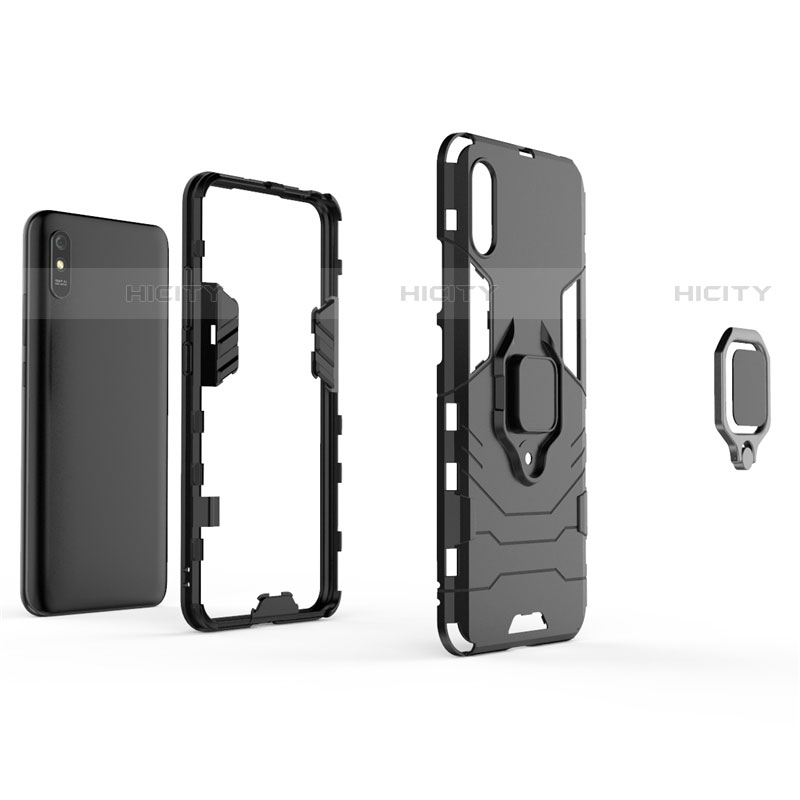 Coque Contour Silicone et Plastique Housse Etui Mat avec Magnetique Support Bague Anneau R01 pour Xiaomi Redmi 9A Plus