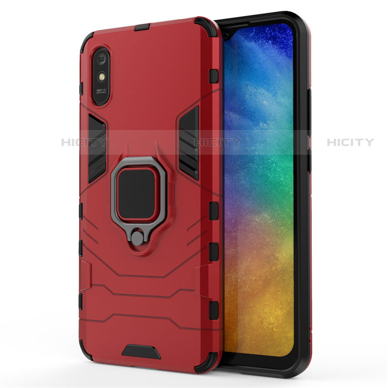 Coque Contour Silicone et Plastique Housse Etui Mat avec Magnetique Support Bague Anneau R01 pour Xiaomi Redmi 9A Rouge Plus