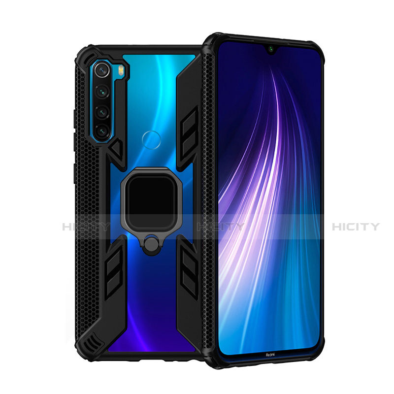 Coque Contour Silicone et Plastique Housse Etui Mat avec Magnetique Support Bague Anneau R01 pour Xiaomi Redmi Note 8 (2021) Noir Plus