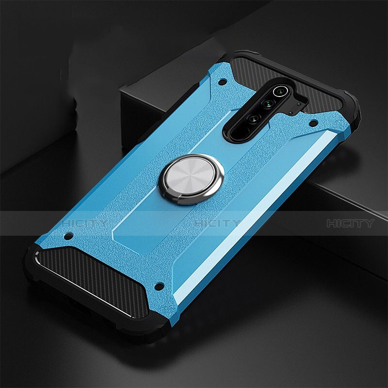 Coque Contour Silicone et Plastique Housse Etui Mat avec Magnetique Support Bague Anneau R01 pour Xiaomi Redmi Note 8 Pro Bleu Ciel Plus