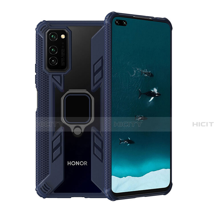 Coque Contour Silicone et Plastique Housse Etui Mat avec Magnetique Support Bague Anneau R02 pour Huawei Honor V30 5G Bleu Plus