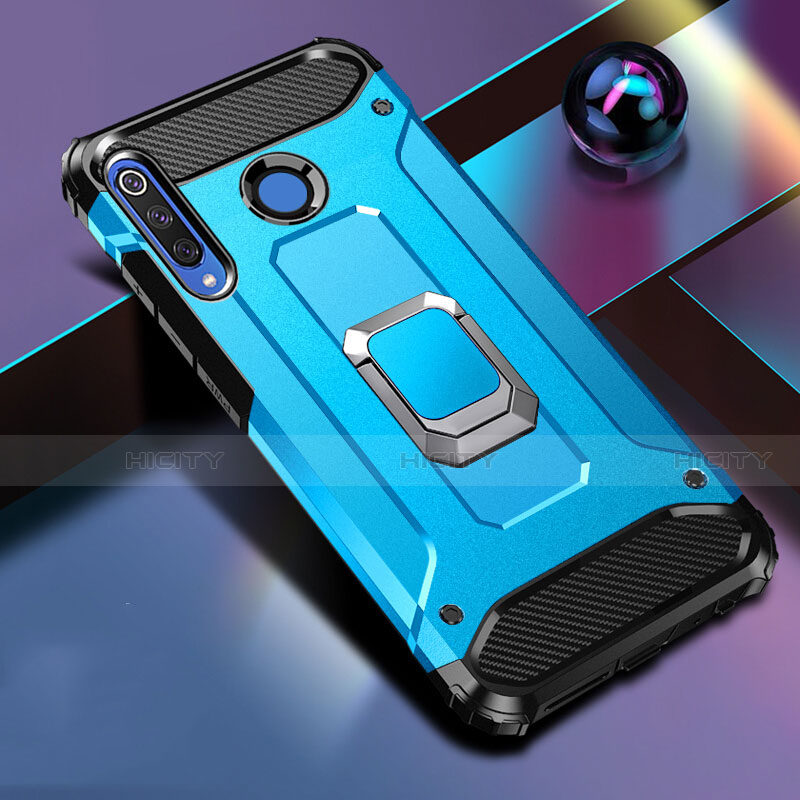 Coque Contour Silicone et Plastique Housse Etui Mat avec Magnetique Support Bague Anneau R02 pour Huawei Nova 4e Bleu Ciel Plus