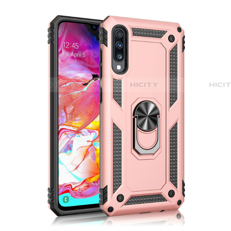 Coque Contour Silicone et Plastique Housse Etui Mat avec Magnetique Support Bague Anneau R02 pour Samsung Galaxy A70S Or Rose Plus