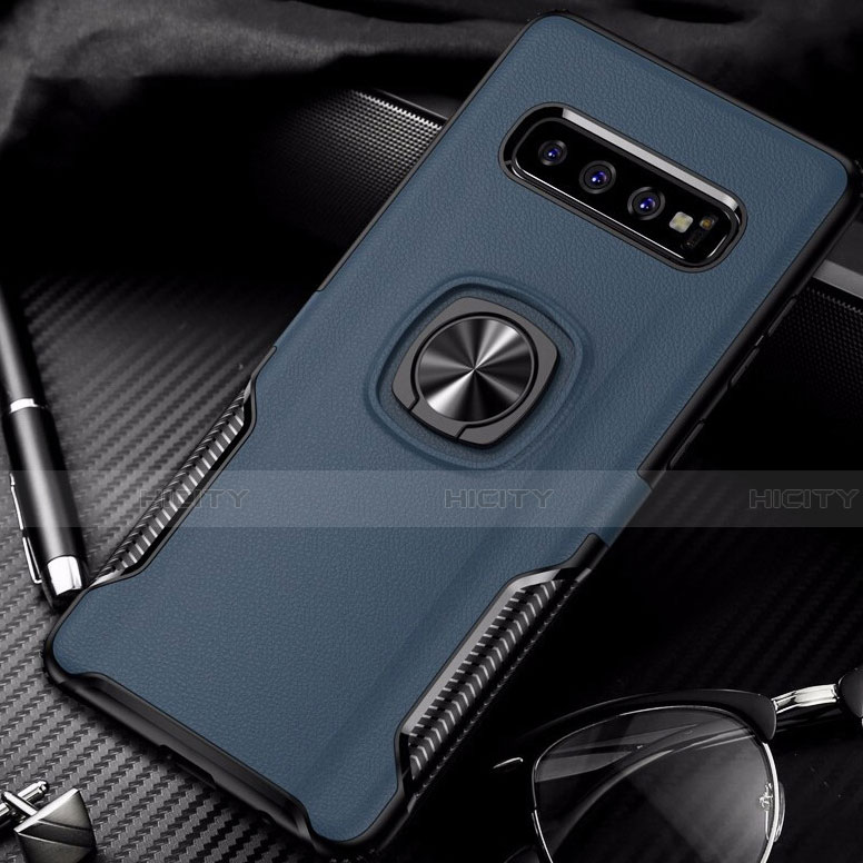 Coque Contour Silicone et Plastique Housse Etui Mat avec Magnetique Support Bague Anneau R02 pour Samsung Galaxy S10 Plus Bleu Plus