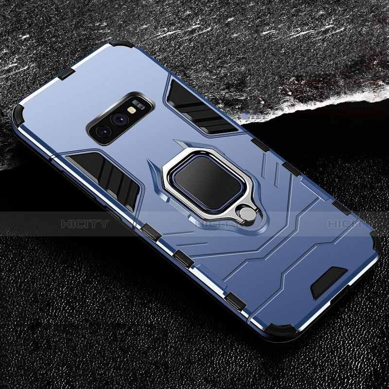 Coque Contour Silicone et Plastique Housse Etui Mat avec Magnetique Support Bague Anneau R02 pour Samsung Galaxy S10e Bleu Plus