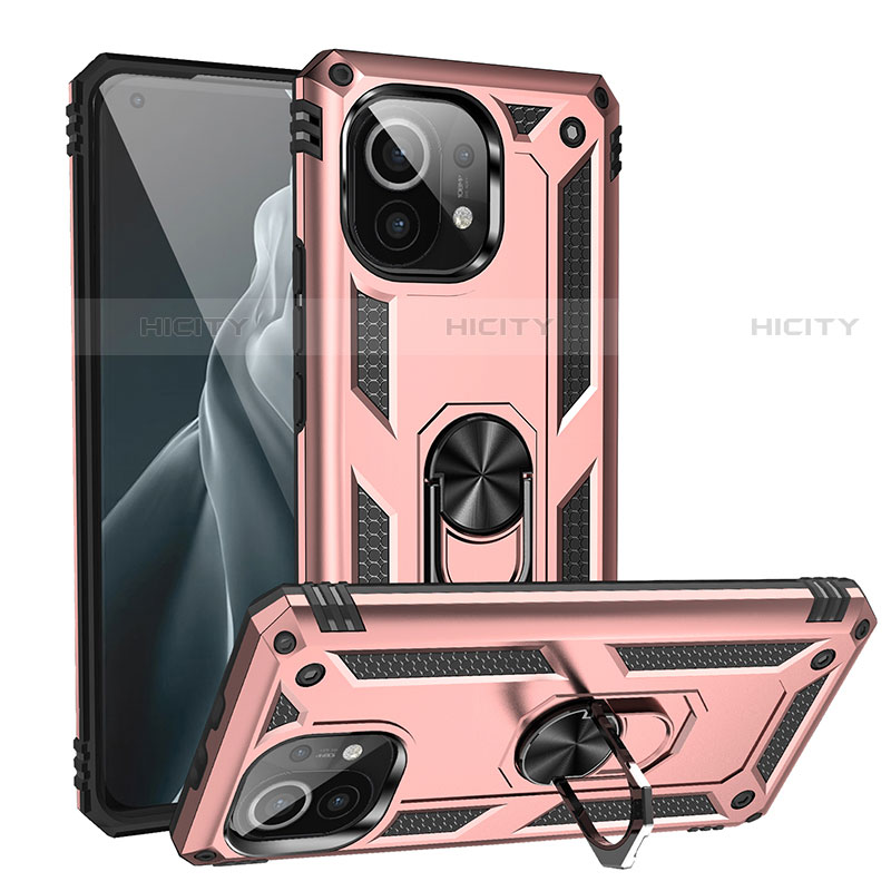 Coque Contour Silicone et Plastique Housse Etui Mat avec Magnetique Support Bague Anneau R02 pour Xiaomi Mi 11 5G Or Rose Plus