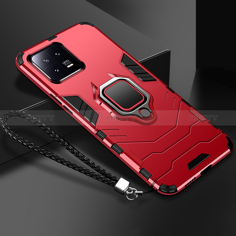 Coque Contour Silicone et Plastique Housse Etui Mat avec Magnetique Support Bague Anneau R02 pour Xiaomi Mi 13 5G Rouge Plus