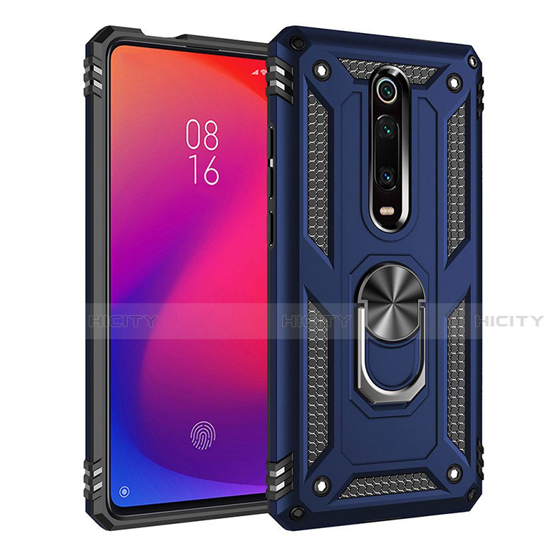 Coque Contour Silicone et Plastique Housse Etui Mat avec Magnetique Support Bague Anneau R02 pour Xiaomi Mi 9T Bleu Plus