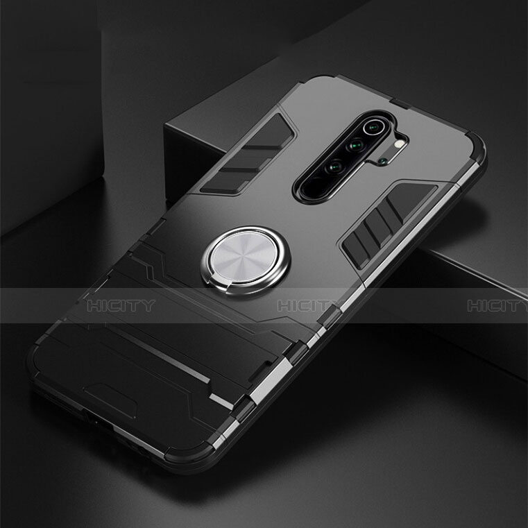 Coque Contour Silicone et Plastique Housse Etui Mat avec Magnetique Support Bague Anneau R02 pour Xiaomi Redmi Note 8 Pro Noir Plus