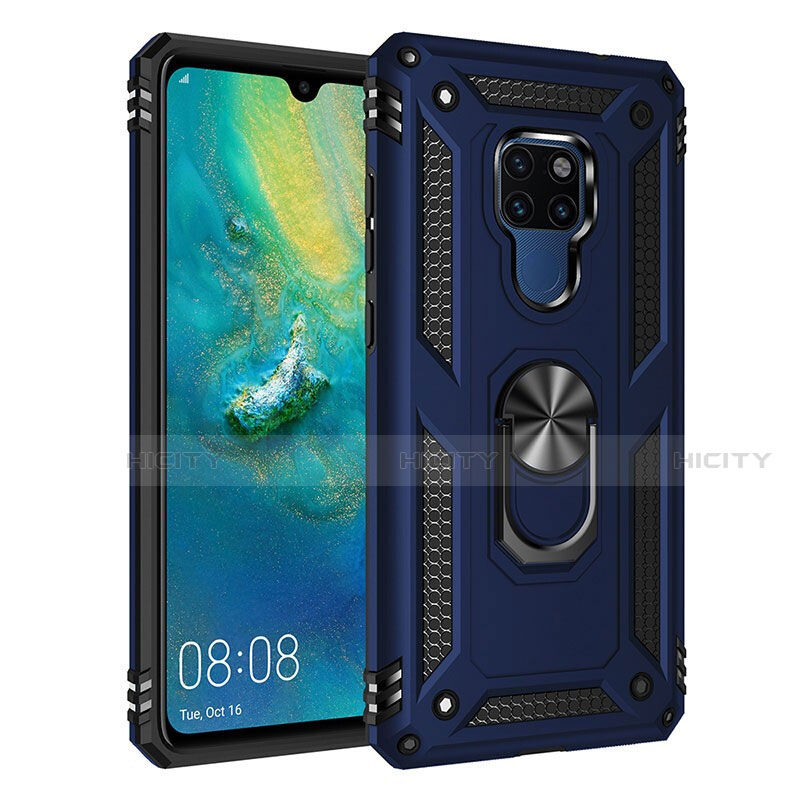 Coque Contour Silicone et Plastique Housse Etui Mat avec Magnetique Support Bague Anneau R03 pour Huawei Mate 20 Bleu Plus