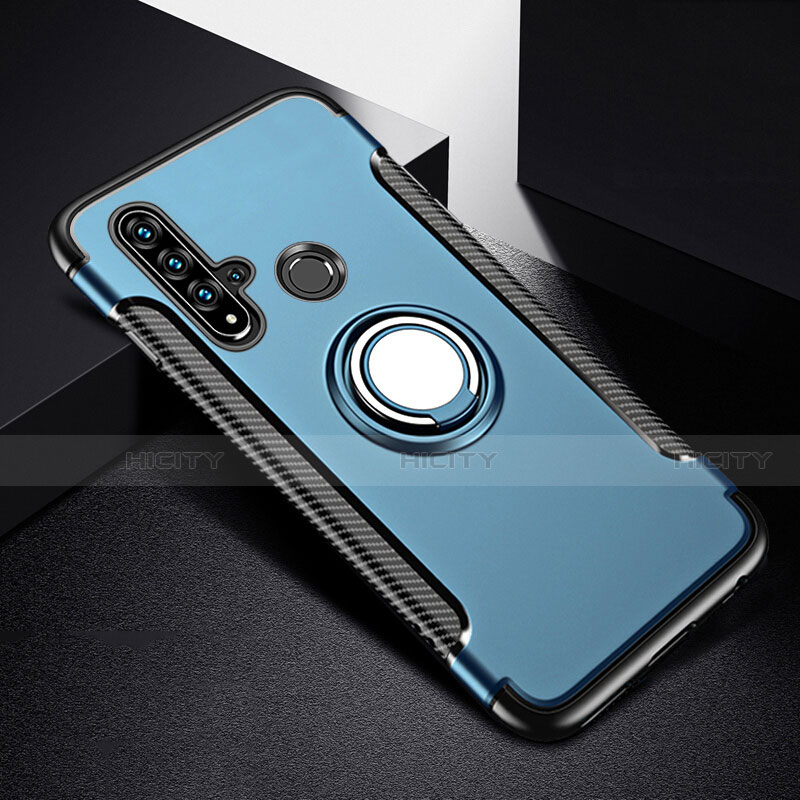 Coque Contour Silicone et Plastique Housse Etui Mat avec Magnetique Support Bague Anneau R03 pour Huawei P20 Lite (2019) Bleu Plus