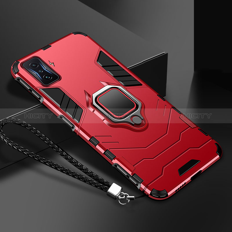 Coque Contour Silicone et Plastique Housse Etui Mat avec Magnetique Support Bague Anneau R03 pour Xiaomi Poco F4 GT 5G Rouge Plus