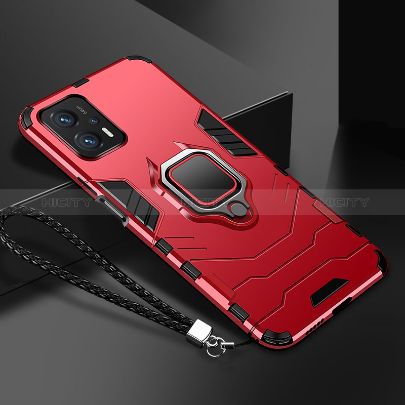 Coque Contour Silicone et Plastique Housse Etui Mat avec Magnetique Support Bague Anneau R03 pour Xiaomi Poco X4 GT 5G Rouge Plus