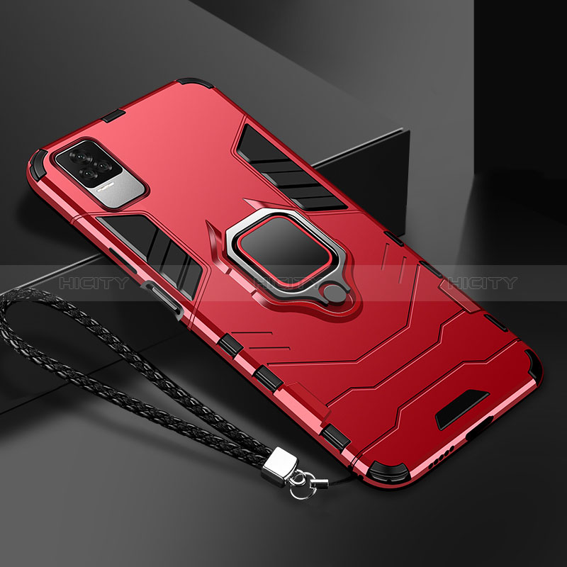 Coque Contour Silicone et Plastique Housse Etui Mat avec Magnetique Support Bague Anneau R03 pour Xiaomi Redmi K40S 5G Rouge Plus