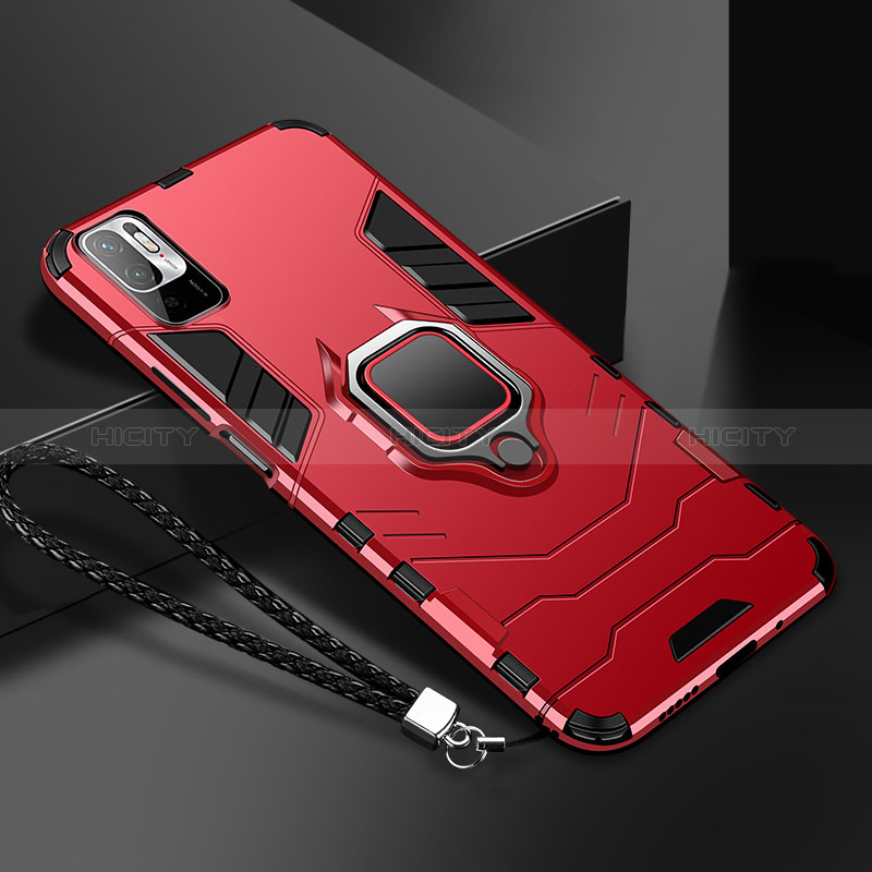 Coque Contour Silicone et Plastique Housse Etui Mat avec Magnetique Support Bague Anneau R03 pour Xiaomi Redmi Note 10 5G Rouge Plus