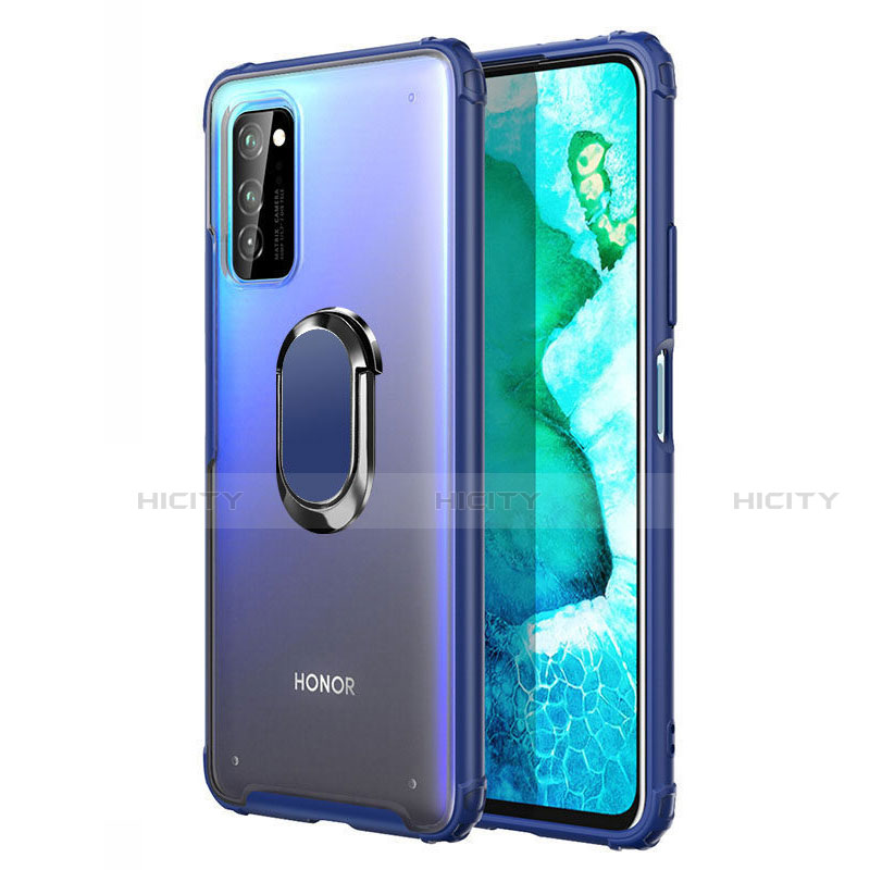 Coque Contour Silicone et Plastique Housse Etui Mat avec Magnetique Support Bague Anneau R04 pour Huawei Honor V30 5G Bleu Plus