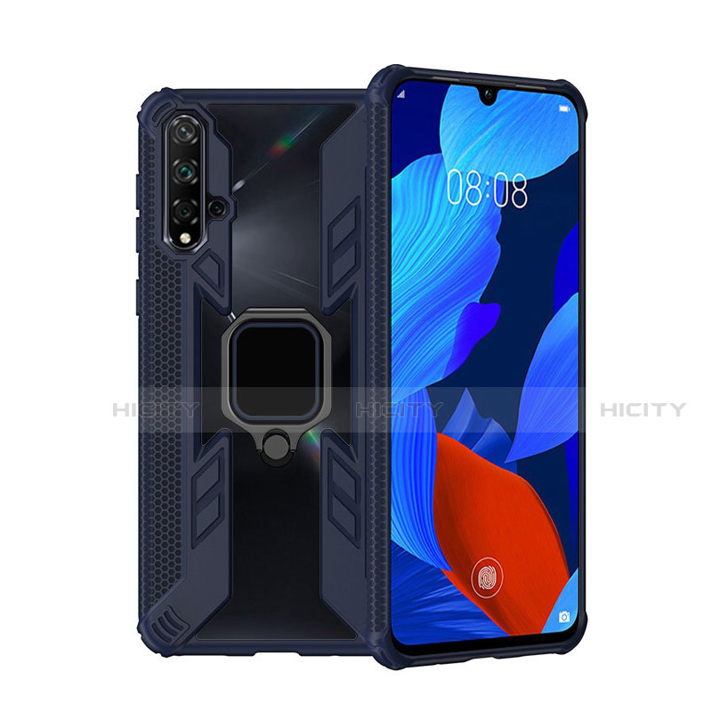 Coque Contour Silicone et Plastique Housse Etui Mat avec Magnetique Support Bague Anneau R04 pour Huawei Nova 5 Pro Bleu Plus