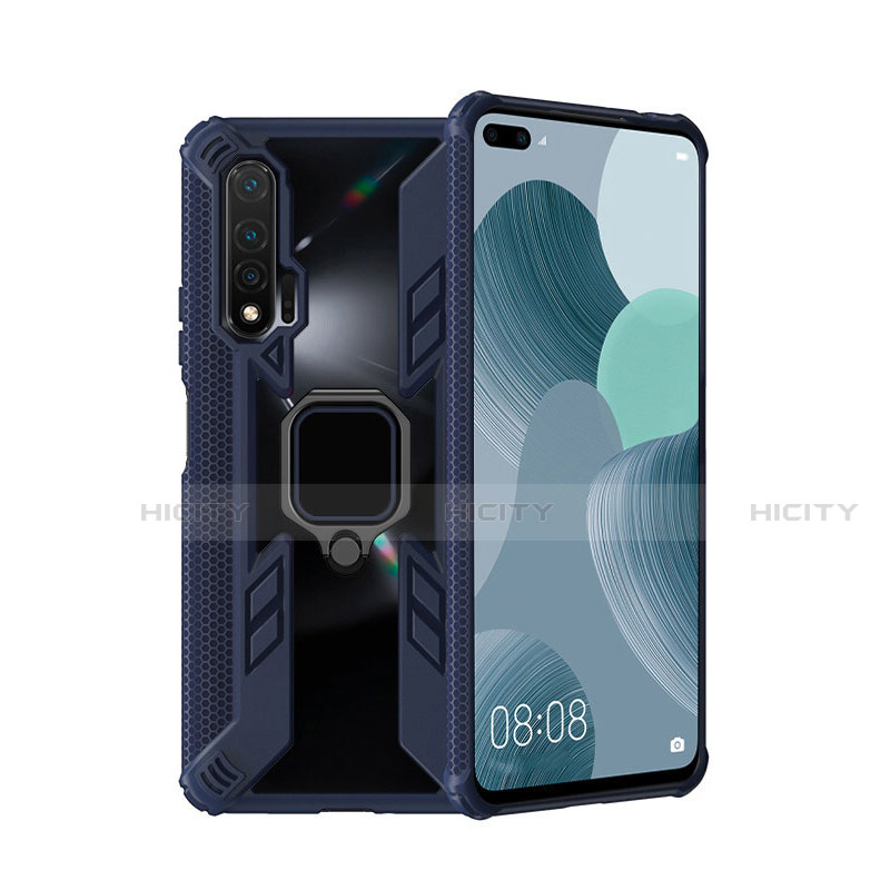 Coque Contour Silicone et Plastique Housse Etui Mat avec Magnetique Support Bague Anneau R04 pour Huawei Nova 6 5G Bleu Plus