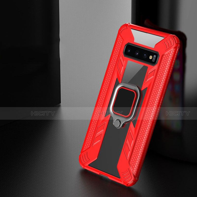 Coque Contour Silicone et Plastique Housse Etui Mat avec Magnetique Support Bague Anneau R04 pour Samsung Galaxy S10 5G Rouge Plus